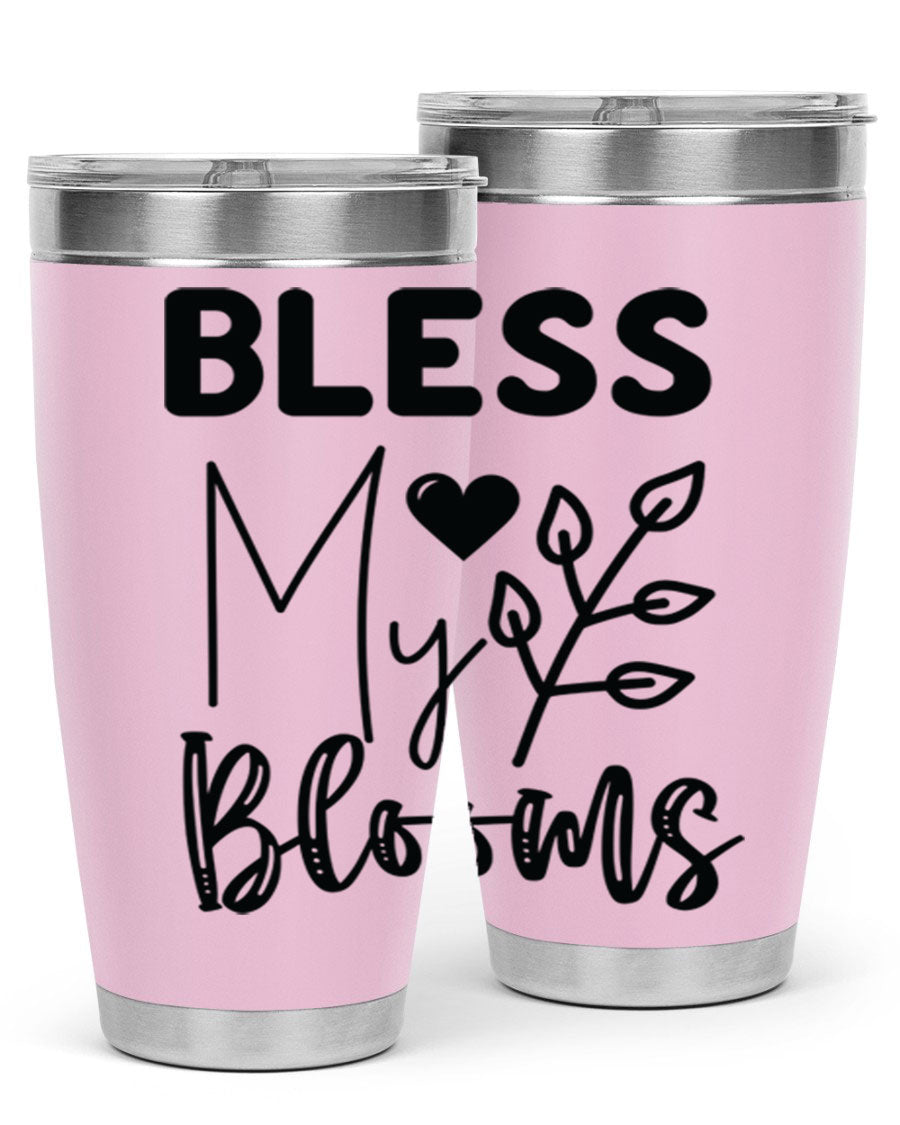 Bless My Blooms 20oz Tumbler featuring a floral design, double wall vacuum stainless steel construction, and a drink-thru lid.