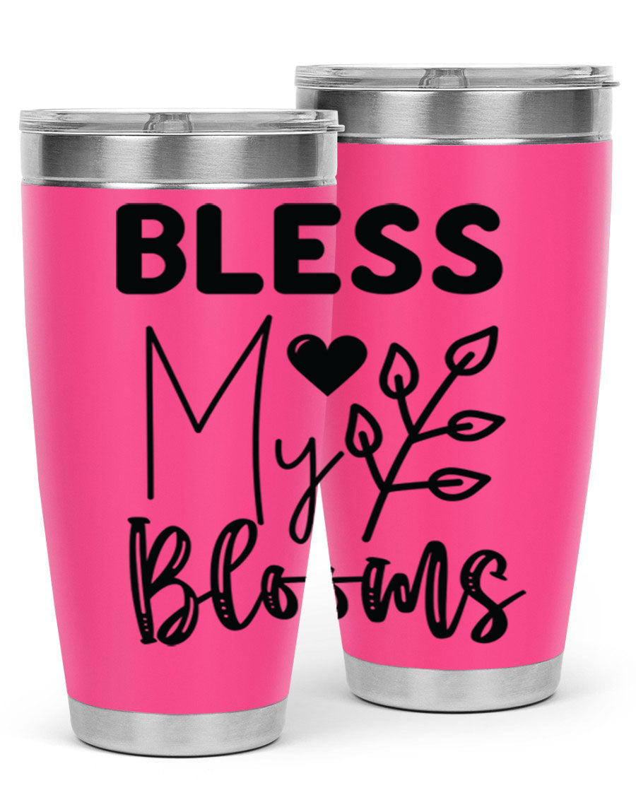 Bless My Blooms 20oz Tumbler featuring a floral design, double wall vacuum stainless steel construction, and a drink-thru lid.