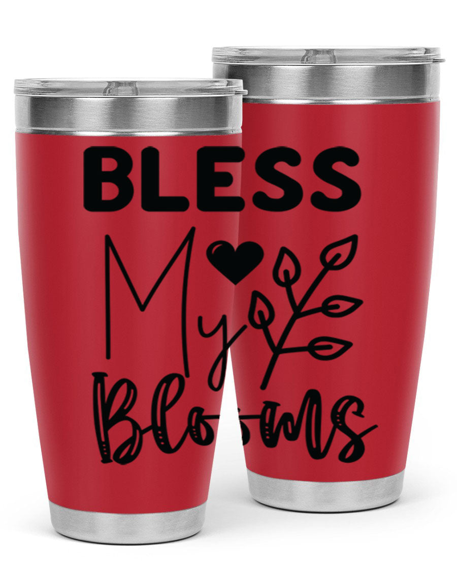 Bless My Blooms 20oz Tumbler featuring a floral design, double wall vacuum stainless steel construction, and a drink-thru lid.