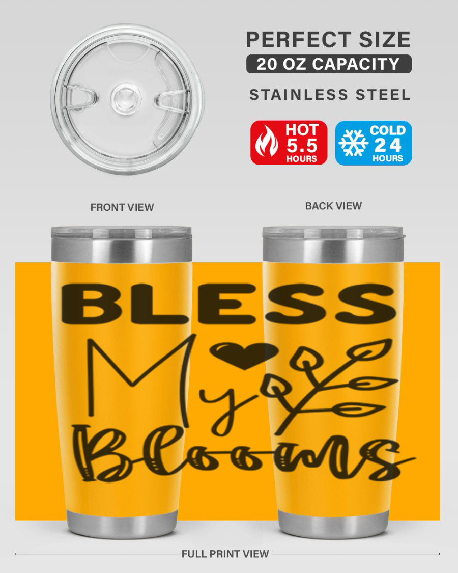 Bless My Blooms 20oz Tumbler featuring a floral design, double wall vacuum stainless steel construction, and a drink-thru lid.