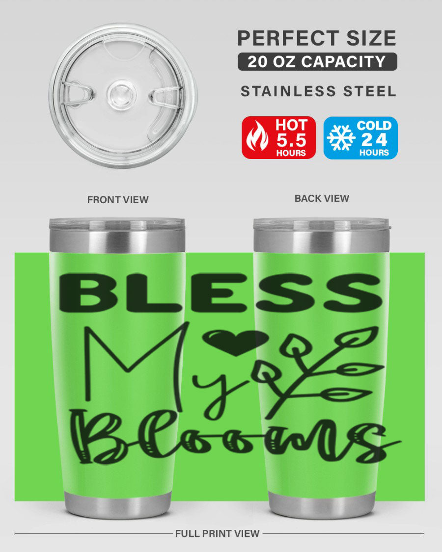 Bless My Blooms 20oz Tumbler featuring a floral design, double wall vacuum stainless steel construction, and a drink-thru lid.