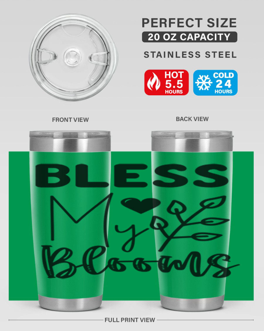 Bless My Blooms 20oz Tumbler featuring a floral design, double wall vacuum stainless steel construction, and a drink-thru lid.