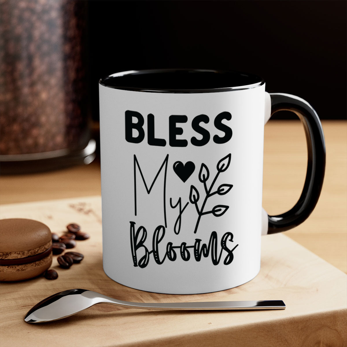 Bless My Blooms 44# Mug featuring a glossy finish, colored handle, and interior, available in multiple colors and sizes.