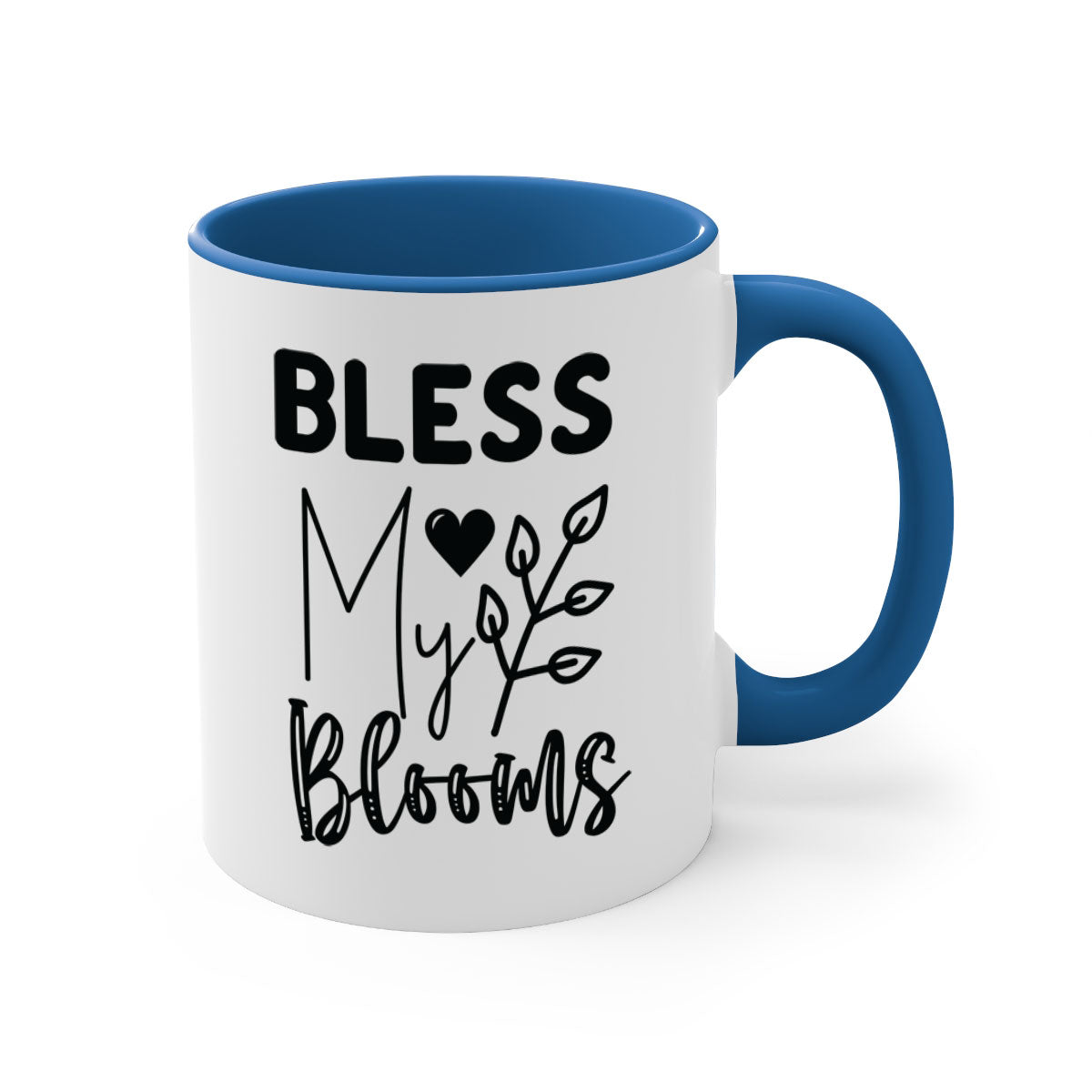 Bless My Blooms 44# Mug featuring a glossy finish, colored handle, and interior, available in multiple colors and sizes.