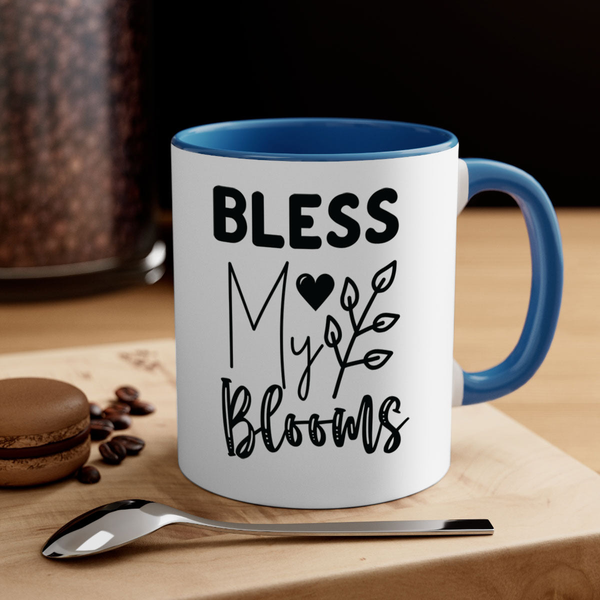 Bless My Blooms 44# Mug featuring a glossy finish, colored handle, and interior, available in multiple colors and sizes.