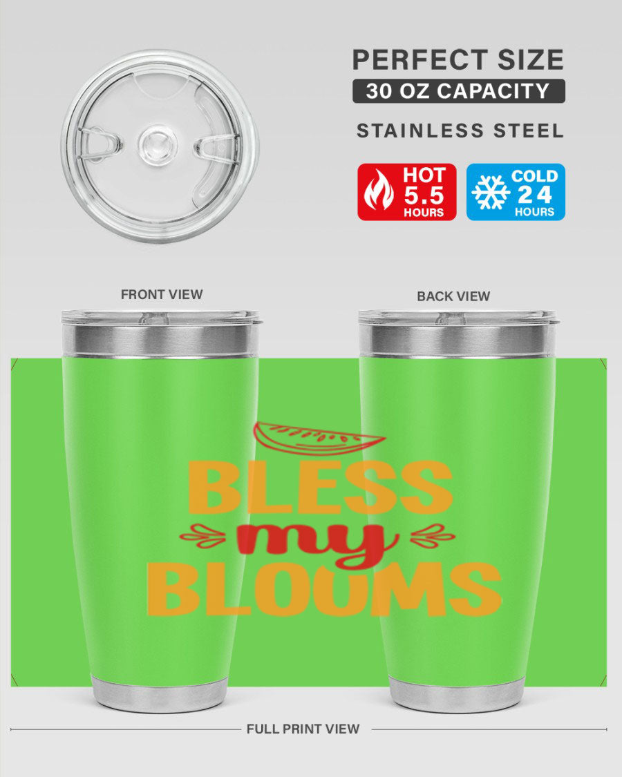 Bless My Blooms 20oz Tumbler featuring a floral design, double wall vacuum stainless steel, and a press-in drink-thru lid.