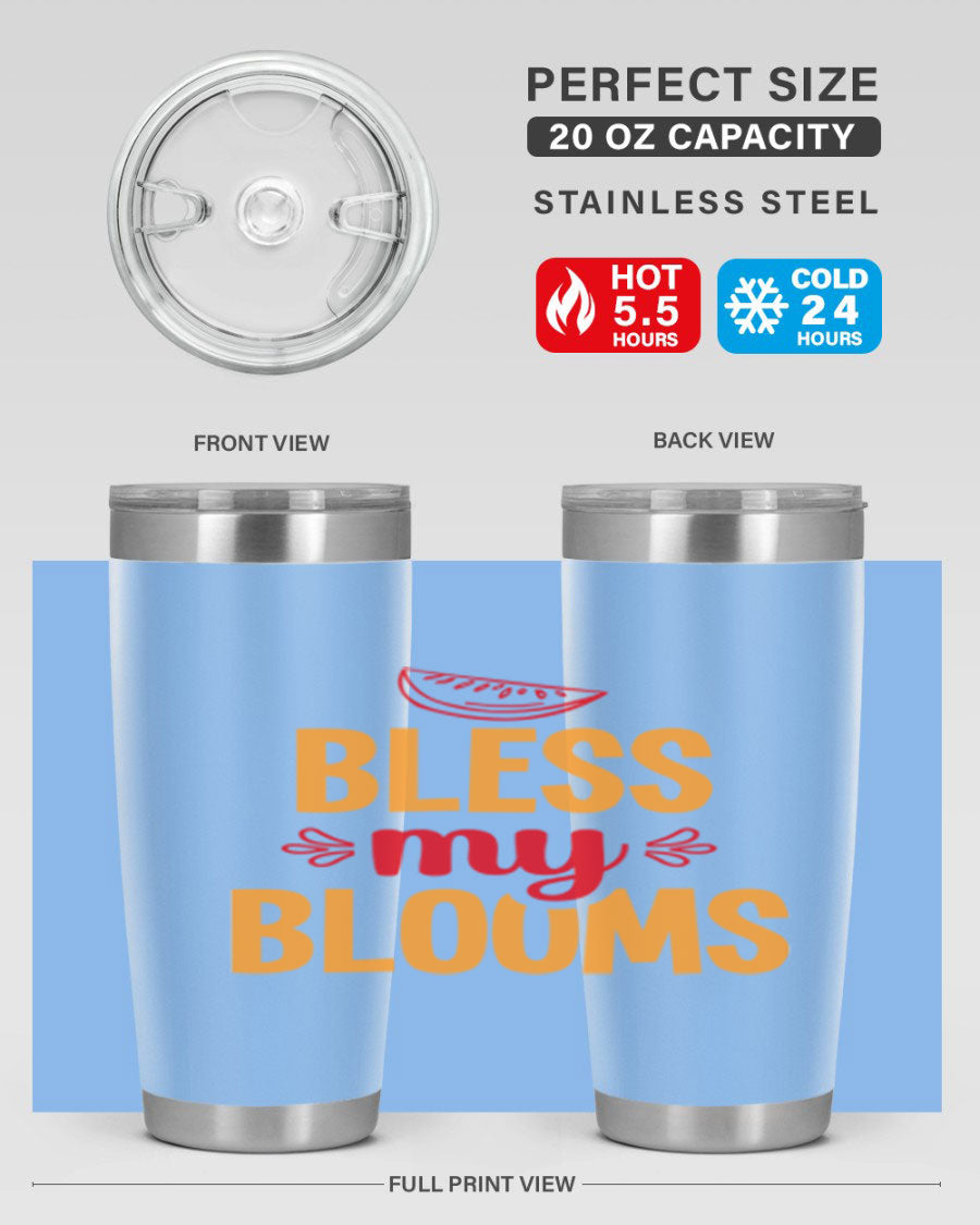 Bless My Blooms 20oz Tumbler featuring a floral design, double wall vacuum stainless steel, and a press-in drink-thru lid.