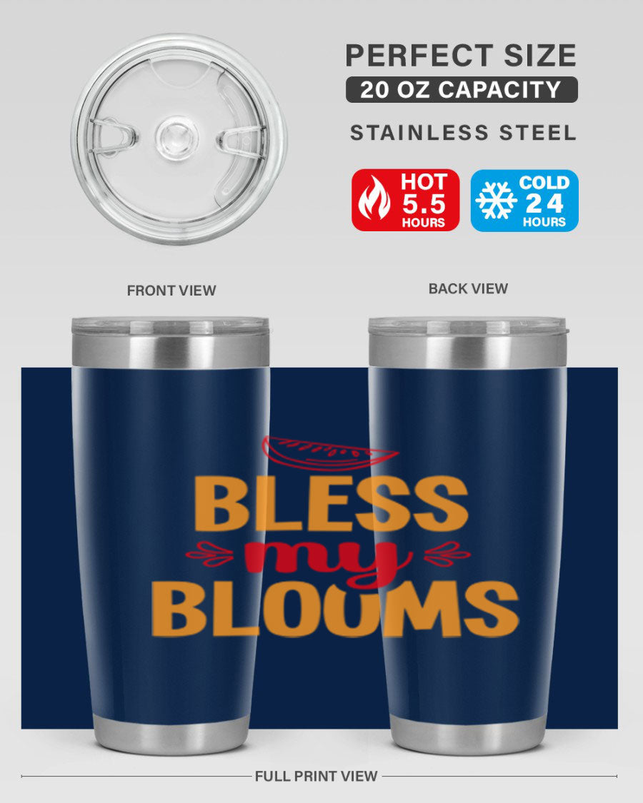 Bless My Blooms 20oz Tumbler featuring a floral design, double wall vacuum stainless steel, and a press-in drink-thru lid.