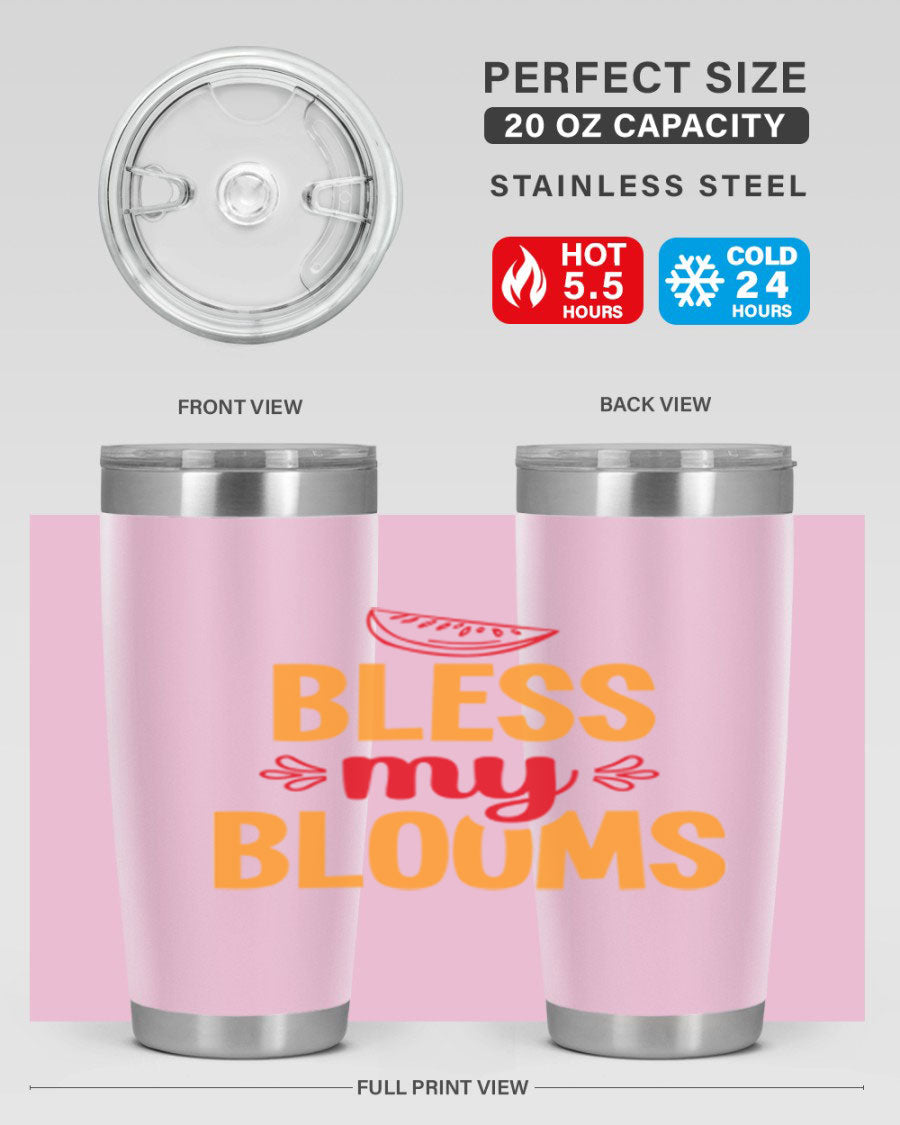 Bless My Blooms 20oz Tumbler featuring a floral design, double wall vacuum stainless steel, and a press-in drink-thru lid.