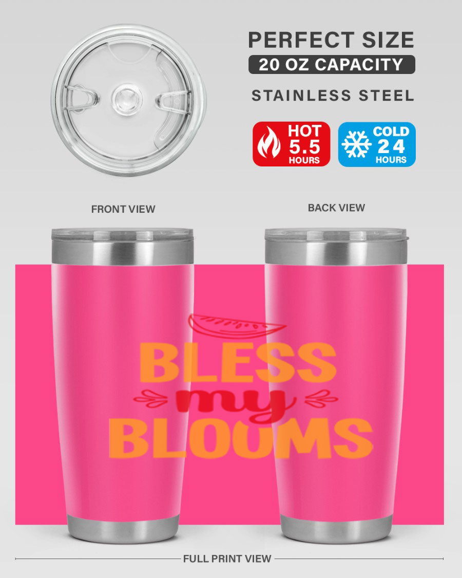 Bless My Blooms 20oz Tumbler featuring a floral design, double wall vacuum stainless steel, and a press-in drink-thru lid.