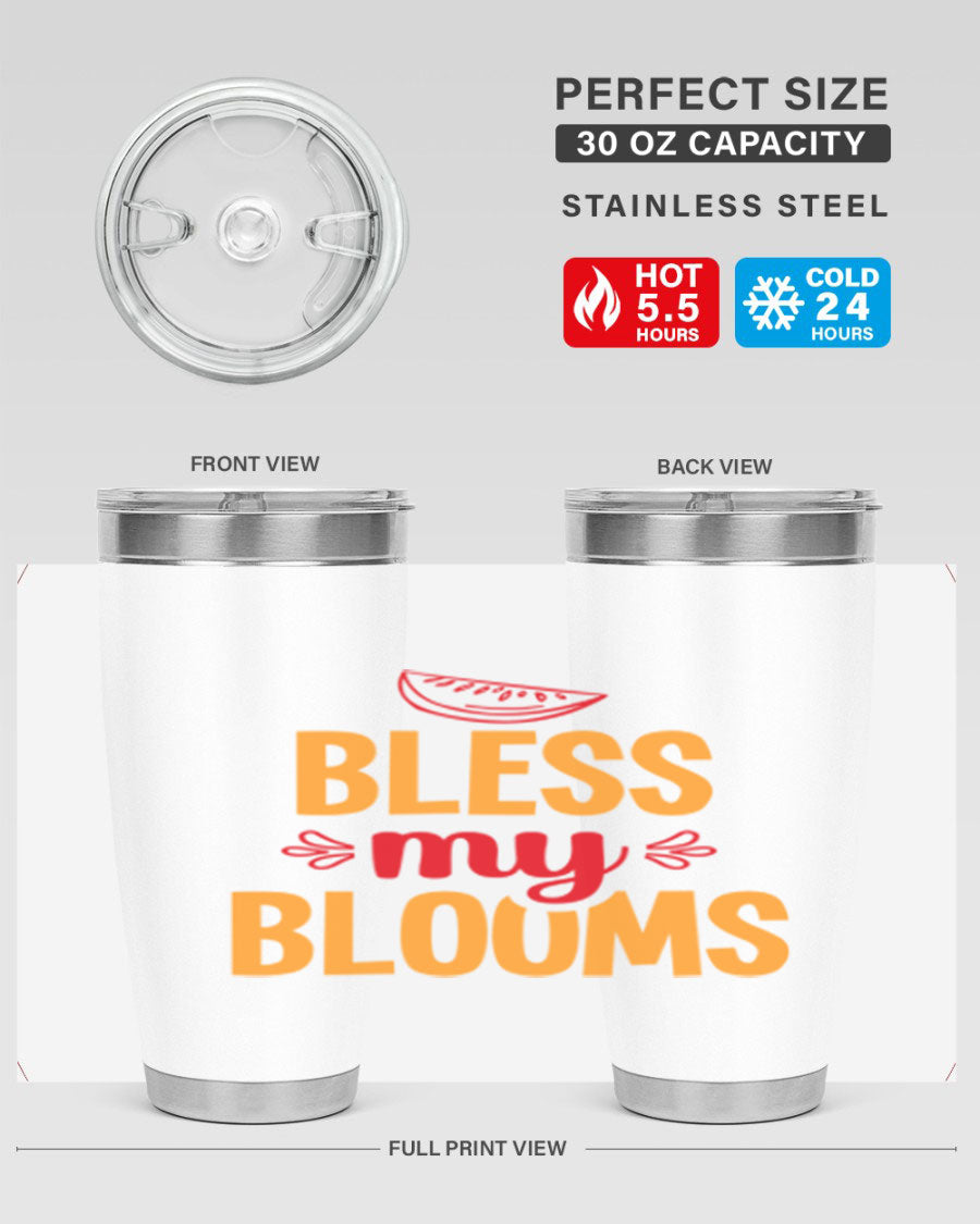 Bless My Blooms 20oz Tumbler featuring a floral design, double wall vacuum stainless steel, and a press-in drink-thru lid.