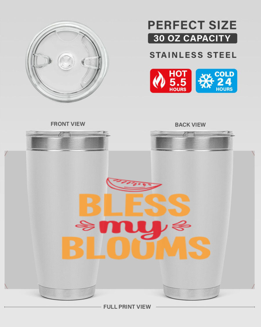 Bless My Blooms 20oz Tumbler featuring a floral design, double wall vacuum stainless steel, and a press-in drink-thru lid.