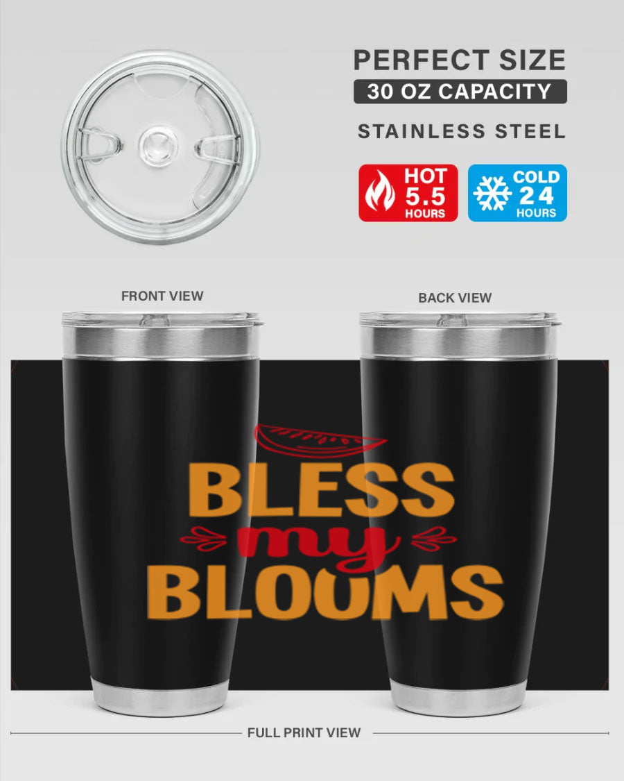 Bless My Blooms 20oz Tumbler featuring a floral design, double wall vacuum stainless steel, and a press-in drink-thru lid.