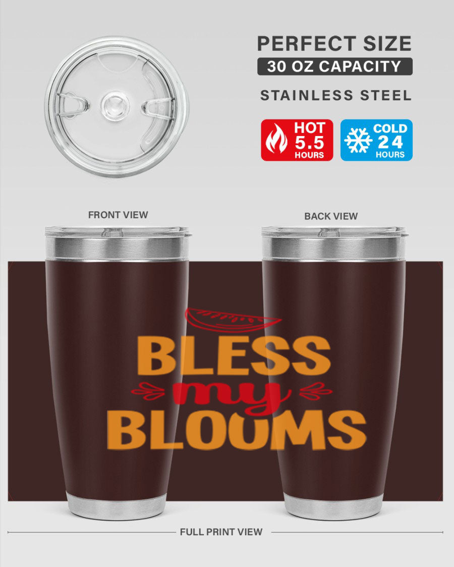 Bless My Blooms 20oz Tumbler featuring a floral design, double wall vacuum stainless steel, and a press-in drink-thru lid.