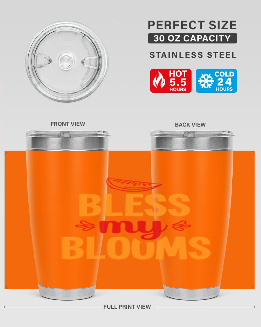 Bless My Blooms 20oz Tumbler featuring a floral design, double wall vacuum stainless steel, and a press-in drink-thru lid.