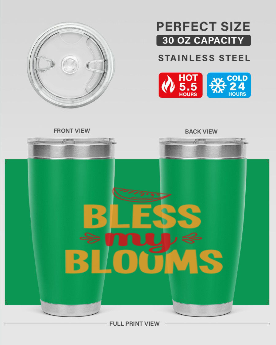 Bless My Blooms 20oz Tumbler featuring a floral design, double wall vacuum stainless steel, and a press-in drink-thru lid.