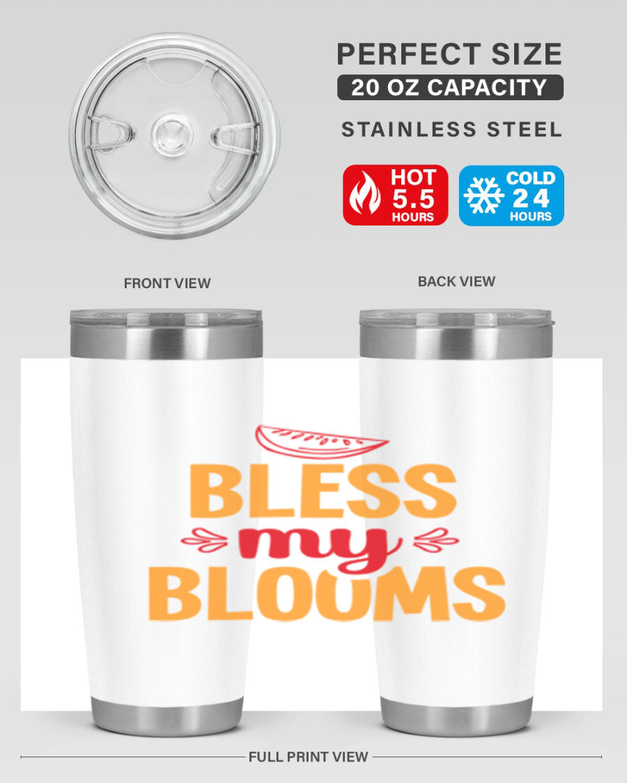 Bless My Blooms 20oz Tumbler featuring a floral design, double wall vacuum stainless steel, and a press-in drink-thru lid.