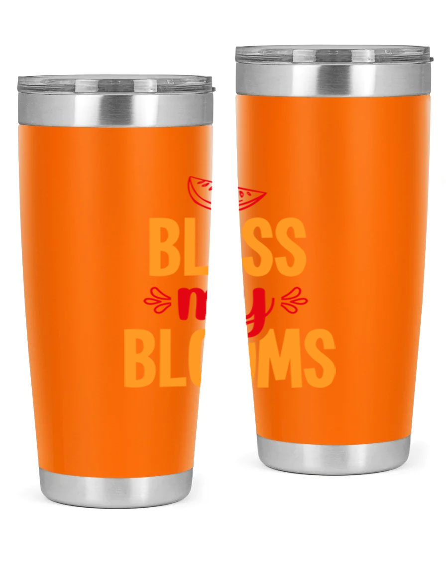 Bless My Blooms 20oz Tumbler featuring a floral design, double wall vacuum stainless steel, and a press-in drink-thru lid.