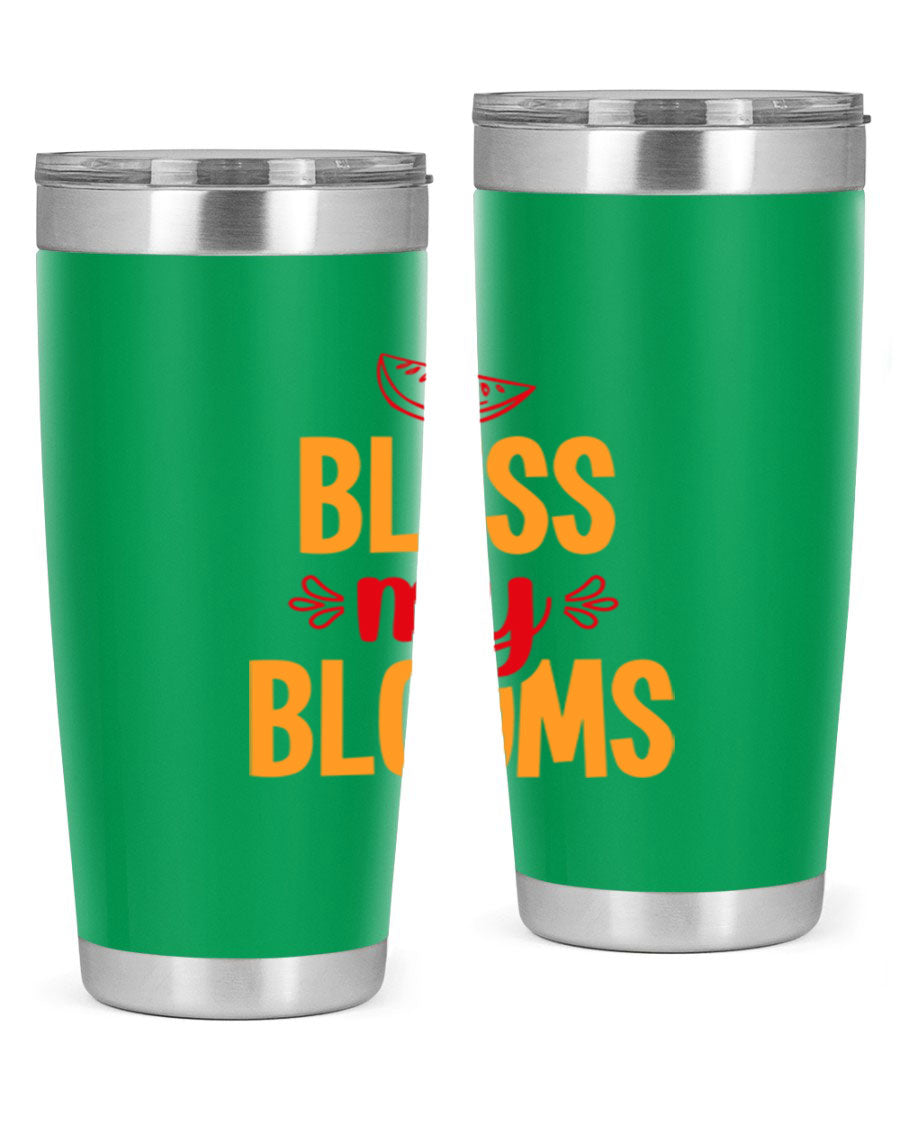 Bless My Blooms 20oz Tumbler featuring a floral design, double wall vacuum stainless steel, and a press-in drink-thru lid.