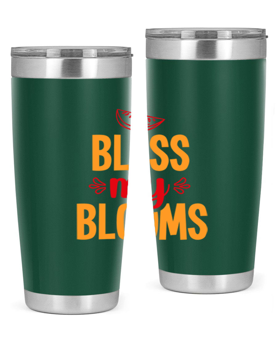 Bless My Blooms 20oz Tumbler featuring a floral design, double wall vacuum stainless steel, and a press-in drink-thru lid.