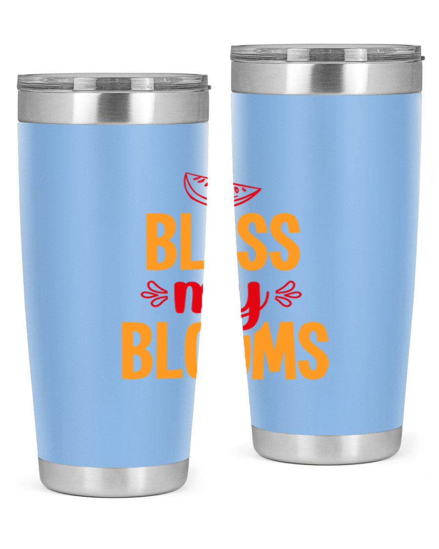 Bless My Blooms 20oz Tumbler featuring a floral design, double wall vacuum stainless steel, and a press-in drink-thru lid.