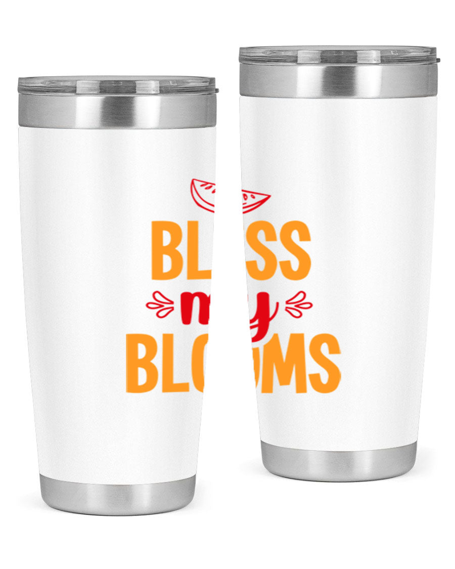 Bless My Blooms 20oz Tumbler featuring a floral design, double wall vacuum stainless steel, and a press-in drink-thru lid.