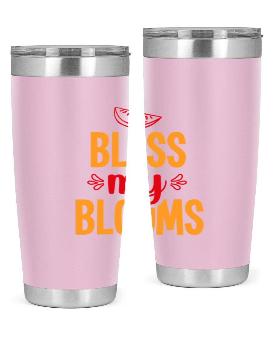 Bless My Blooms 20oz Tumbler featuring a floral design, double wall vacuum stainless steel, and a press-in drink-thru lid.