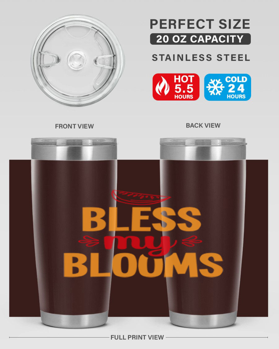 Bless My Blooms 20oz Tumbler featuring a floral design, double wall vacuum stainless steel, and a press-in drink-thru lid.