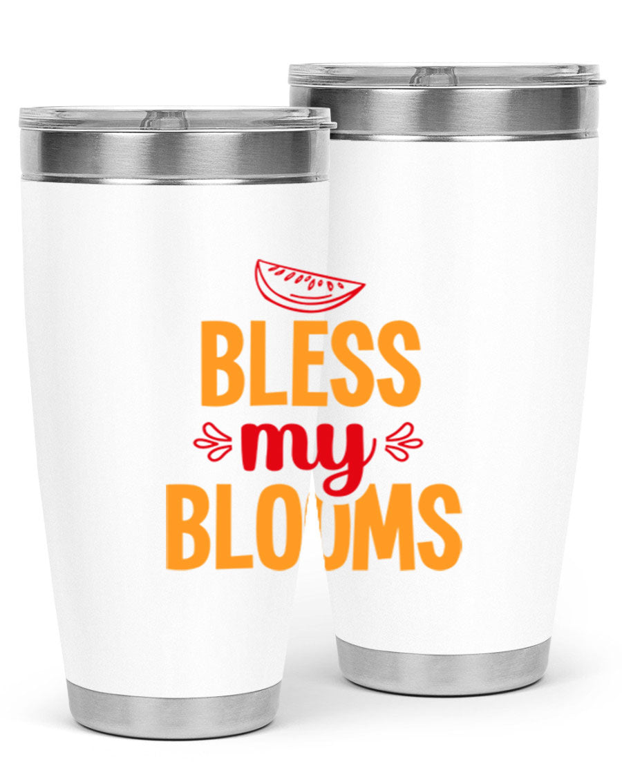 Bless My Blooms 20oz Tumbler featuring a floral design, double wall vacuum stainless steel, and a press-in drink-thru lid.