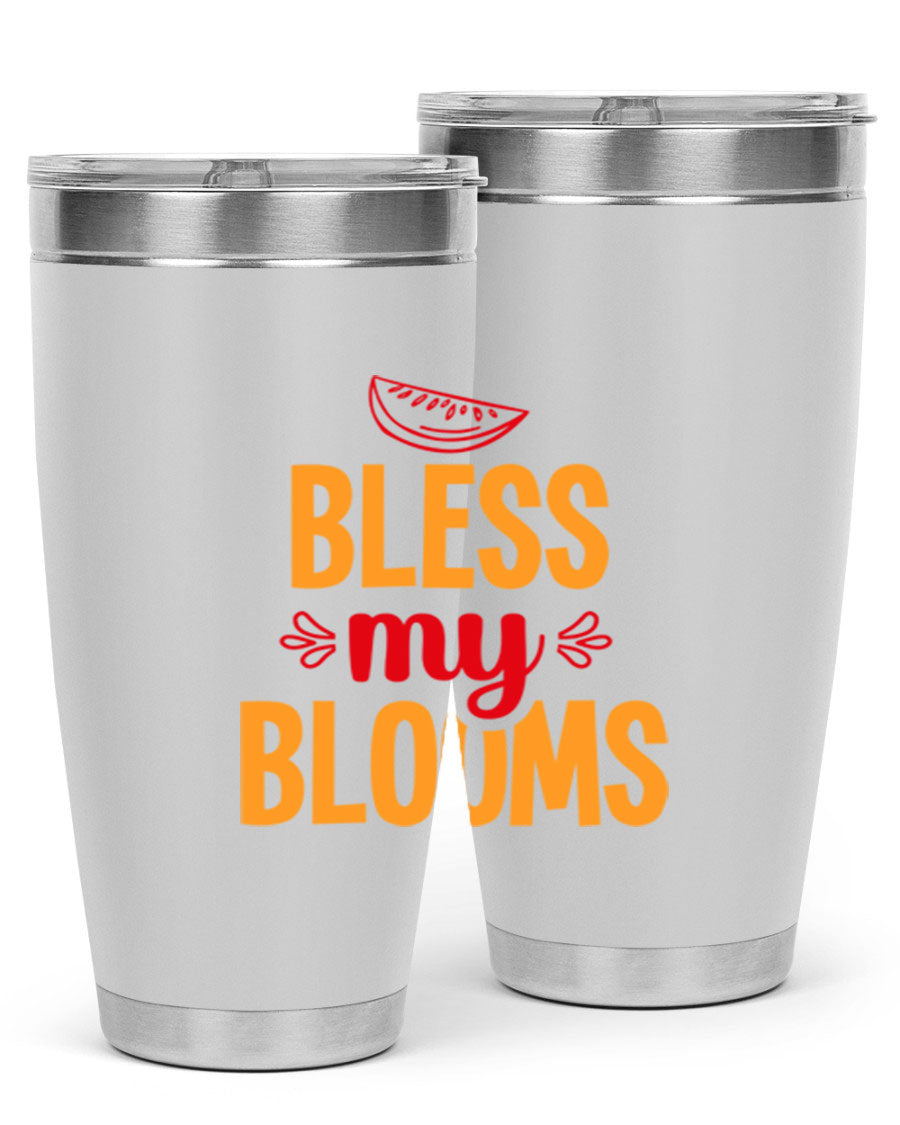 Bless My Blooms 20oz Tumbler featuring a floral design, double wall vacuum stainless steel, and a press-in drink-thru lid.