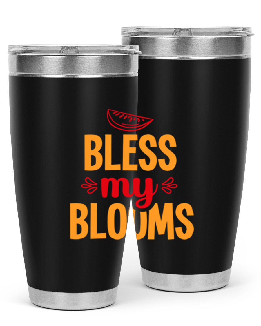 Bless My Blooms 20oz Tumbler featuring a floral design, double wall vacuum stainless steel, and a press-in drink-thru lid.