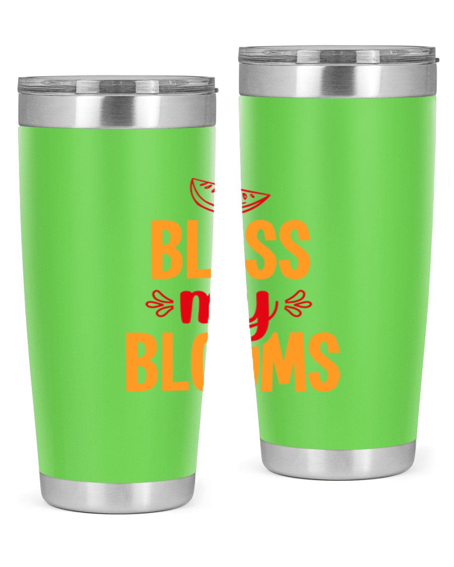 Bless My Blooms 20oz Tumbler featuring a floral design, double wall vacuum stainless steel, and a press-in drink-thru lid.