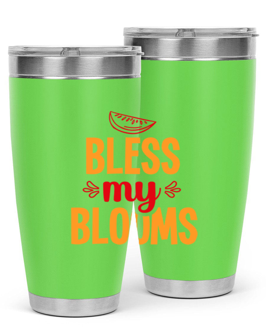 Bless My Blooms 20oz Tumbler featuring a floral design, double wall vacuum stainless steel, and a press-in drink-thru lid.