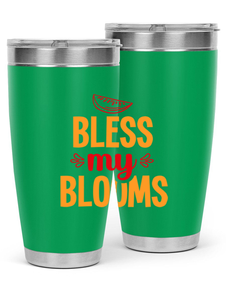 Bless My Blooms 20oz Tumbler featuring a floral design, double wall vacuum stainless steel, and a press-in drink-thru lid.