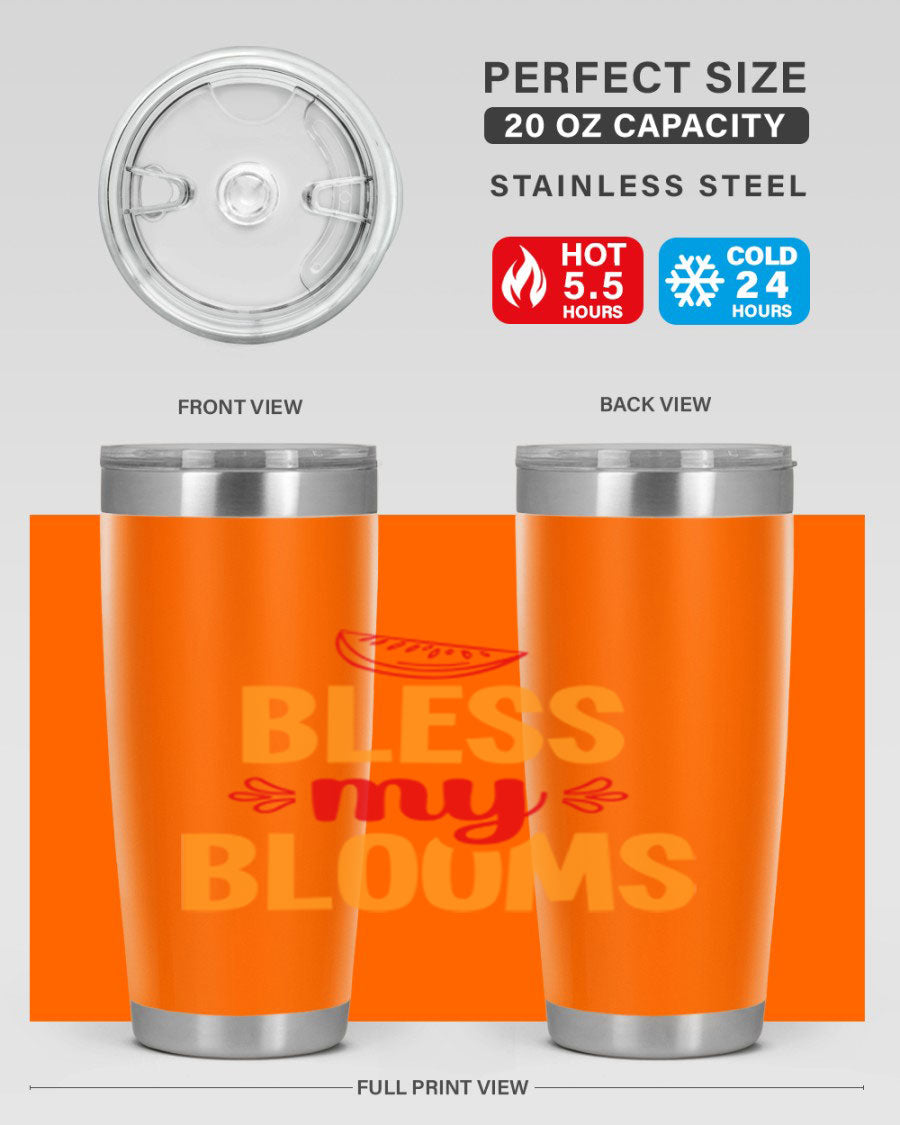 Bless My Blooms 20oz Tumbler featuring a floral design, double wall vacuum stainless steel, and a press-in drink-thru lid.