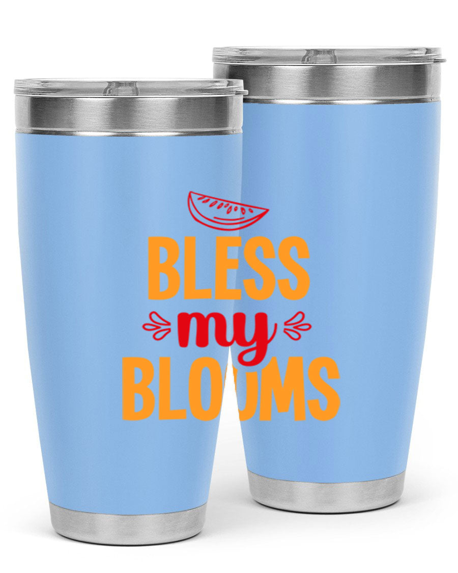 Bless My Blooms 20oz Tumbler featuring a floral design, double wall vacuum stainless steel, and a press-in drink-thru lid.