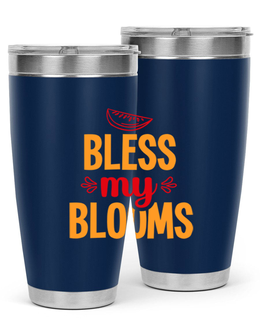 Bless My Blooms 20oz Tumbler featuring a floral design, double wall vacuum stainless steel, and a press-in drink-thru lid.