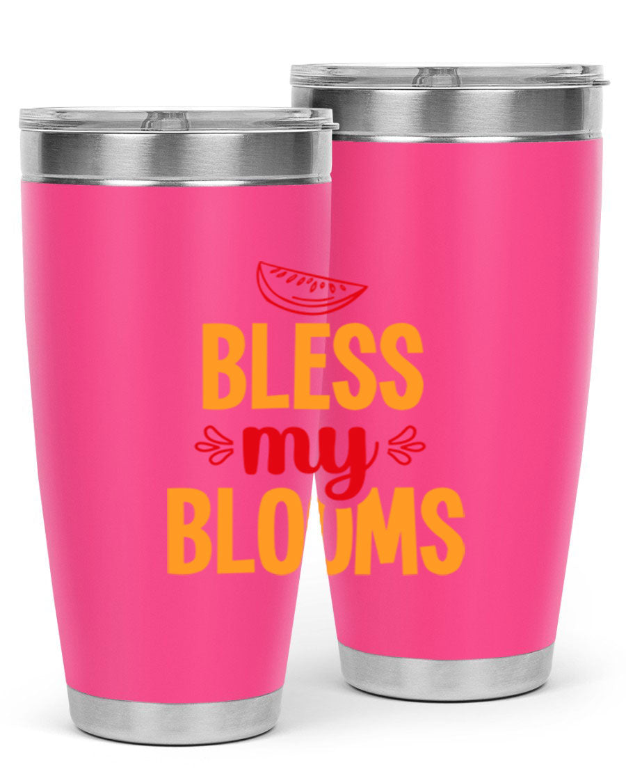 Bless My Blooms 20oz Tumbler featuring a floral design, double wall vacuum stainless steel, and a press-in drink-thru lid.