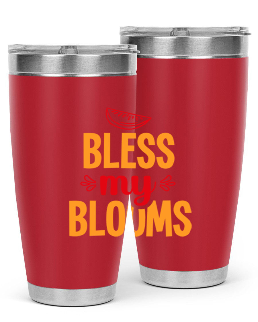 Bless My Blooms 20oz Tumbler featuring a floral design, double wall vacuum stainless steel, and a press-in drink-thru lid.