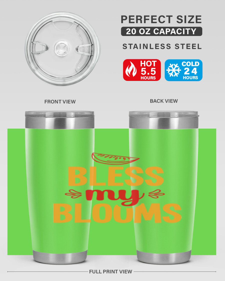 Bless My Blooms 20oz Tumbler featuring a floral design, double wall vacuum stainless steel, and a press-in drink-thru lid.