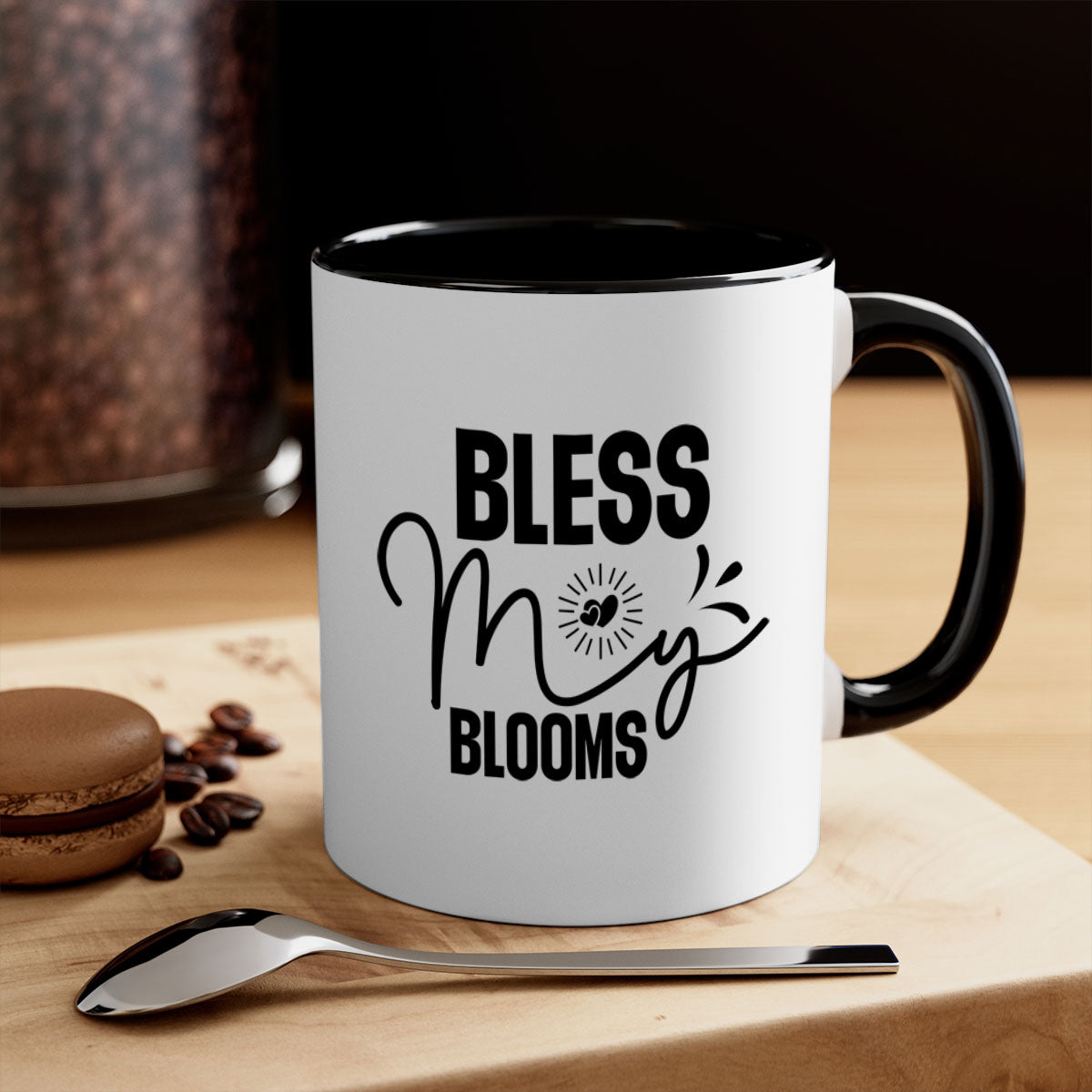 A stylish two-tone Bless My Blooms coffee mug with a glossy finish, featuring a colored handle and interior, available in multiple colors.