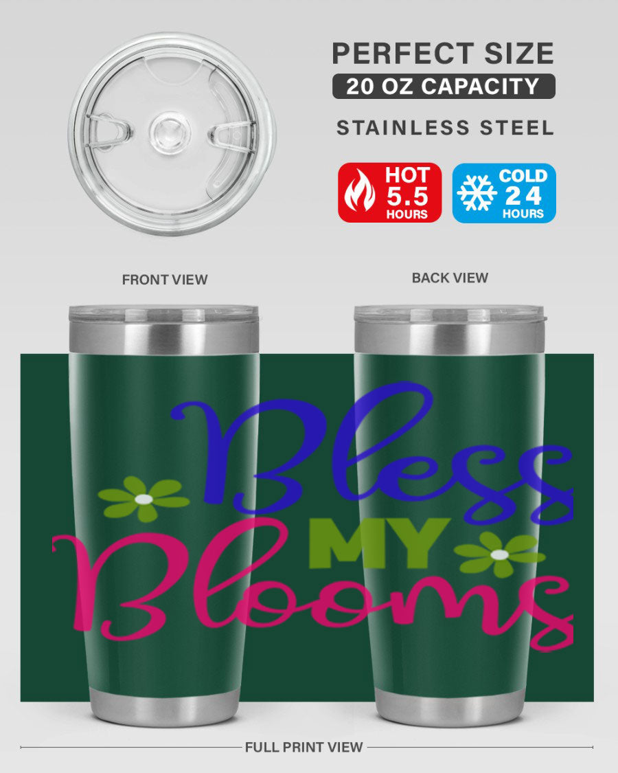 Bless My Blooms 20oz Tumbler featuring double wall vacuum stainless steel and a floral design, perfect for hot and cold beverages.