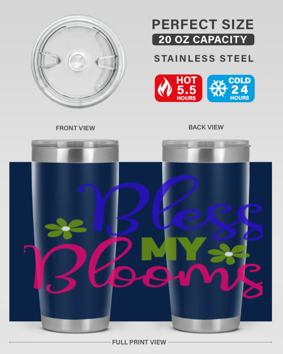 Bless My Blooms 20oz Tumbler featuring double wall vacuum stainless steel and a floral design, perfect for hot and cold beverages.