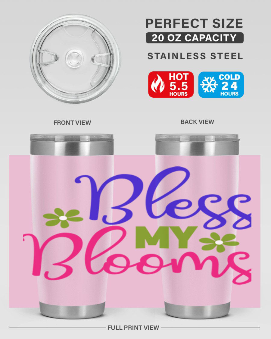 Bless My Blooms 20oz Tumbler featuring double wall vacuum stainless steel and a floral design, perfect for hot and cold beverages.