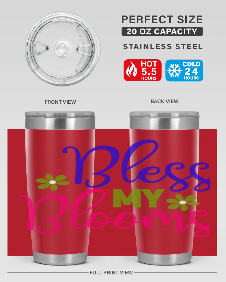 Bless My Blooms 20oz Tumbler featuring double wall vacuum stainless steel and a floral design, perfect for hot and cold beverages.