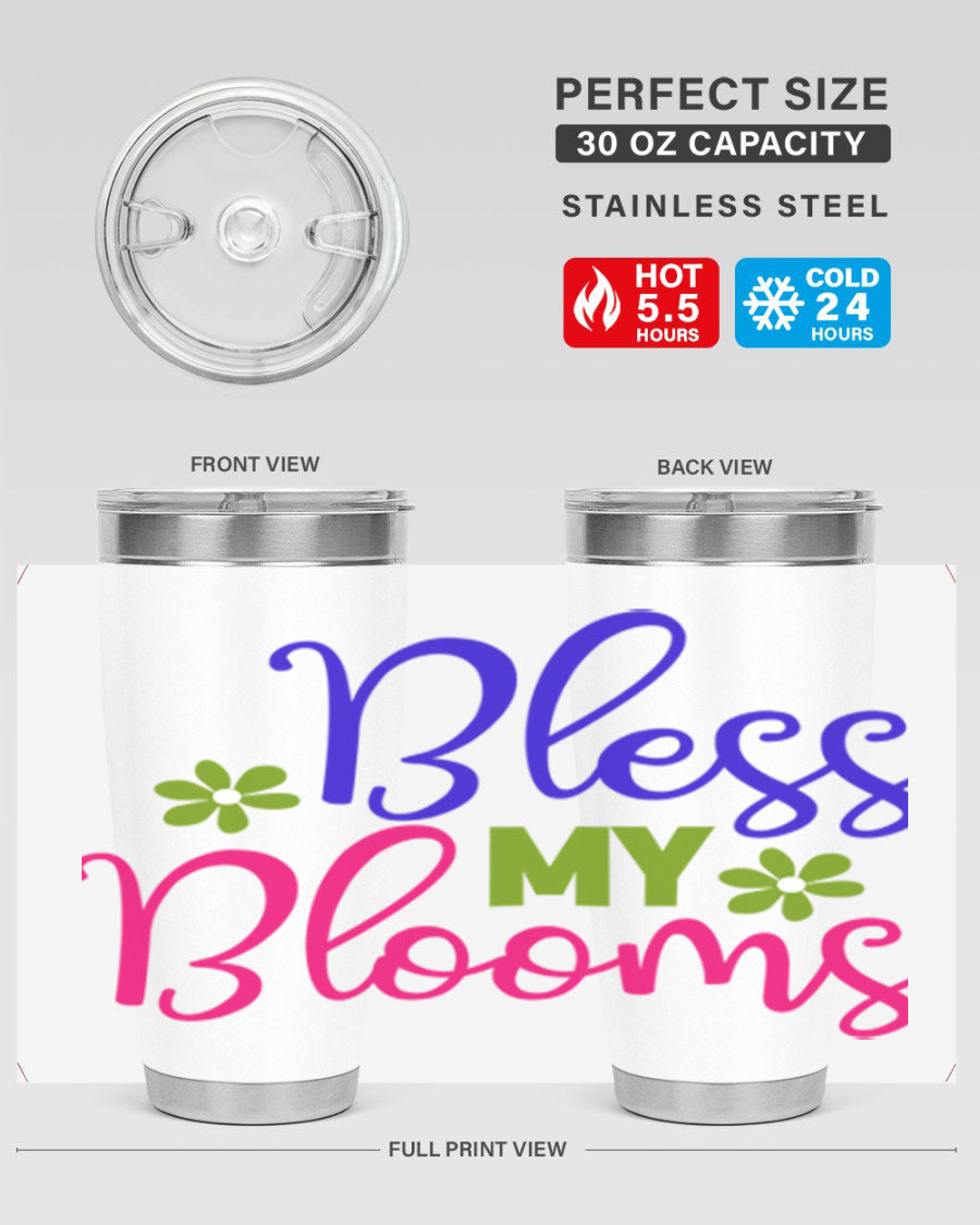 Bless My Blooms 20oz Tumbler featuring double wall vacuum stainless steel and a floral design, perfect for hot and cold beverages.