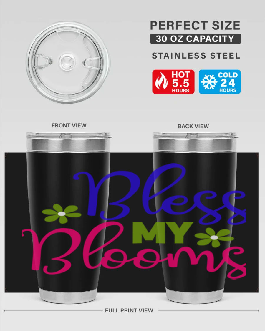 Bless My Blooms 20oz Tumbler featuring double wall vacuum stainless steel and a floral design, perfect for hot and cold beverages.