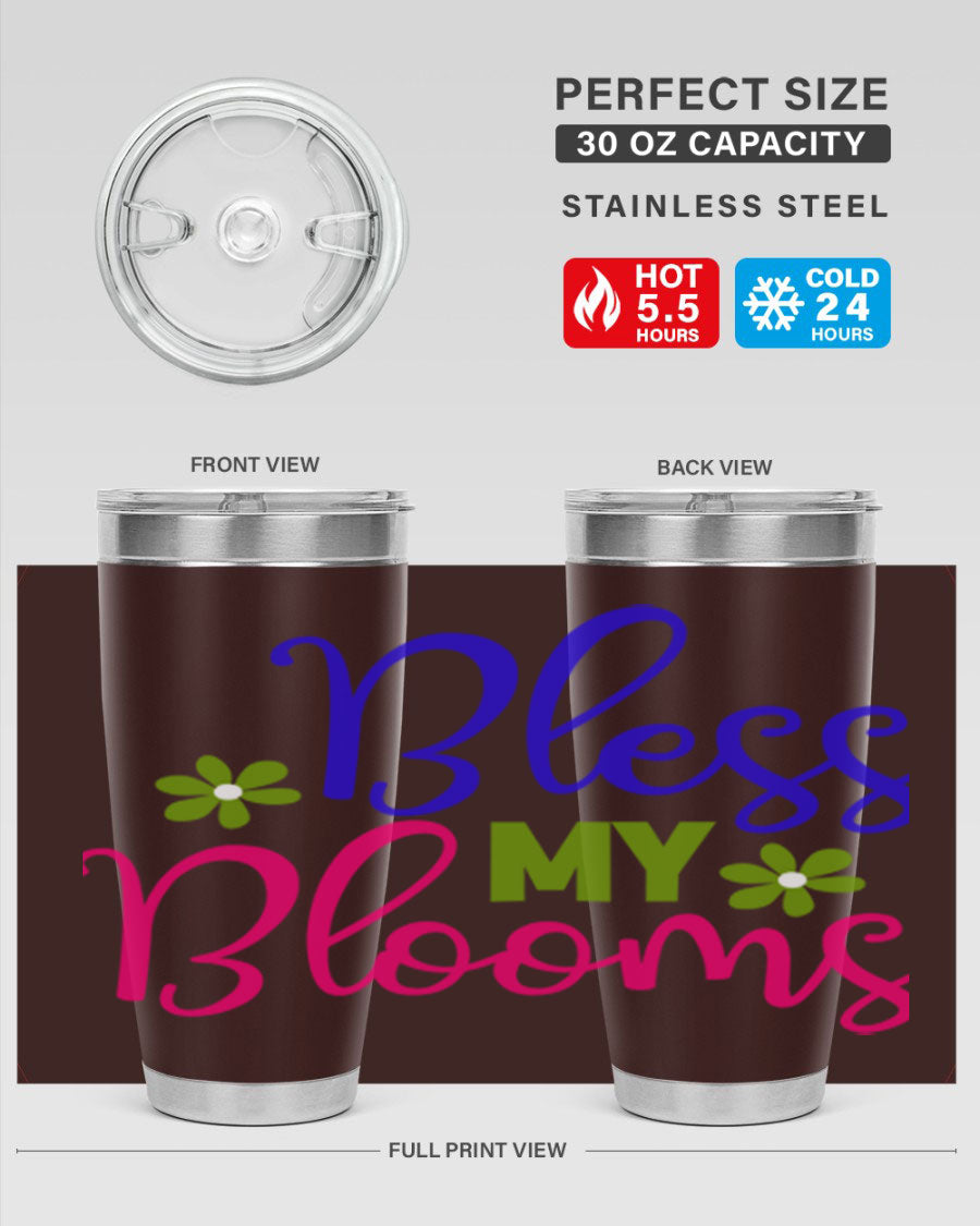 Bless My Blooms 20oz Tumbler featuring double wall vacuum stainless steel and a floral design, perfect for hot and cold beverages.