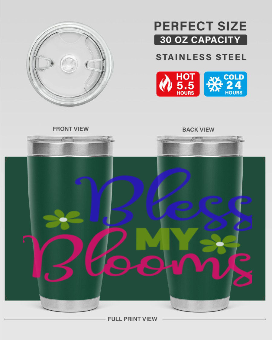 Bless My Blooms 20oz Tumbler featuring double wall vacuum stainless steel and a floral design, perfect for hot and cold beverages.