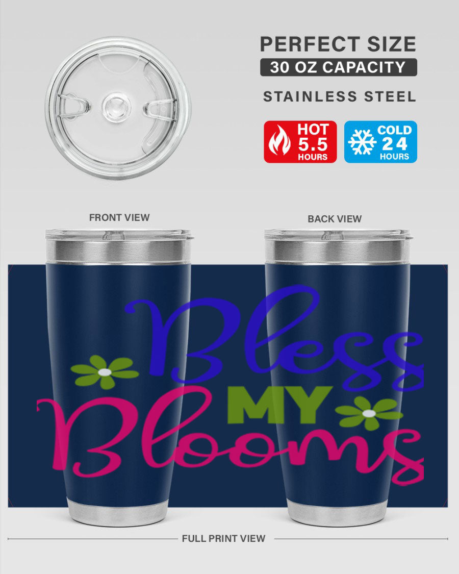 Bless My Blooms 20oz Tumbler featuring double wall vacuum stainless steel and a floral design, perfect for hot and cold beverages.